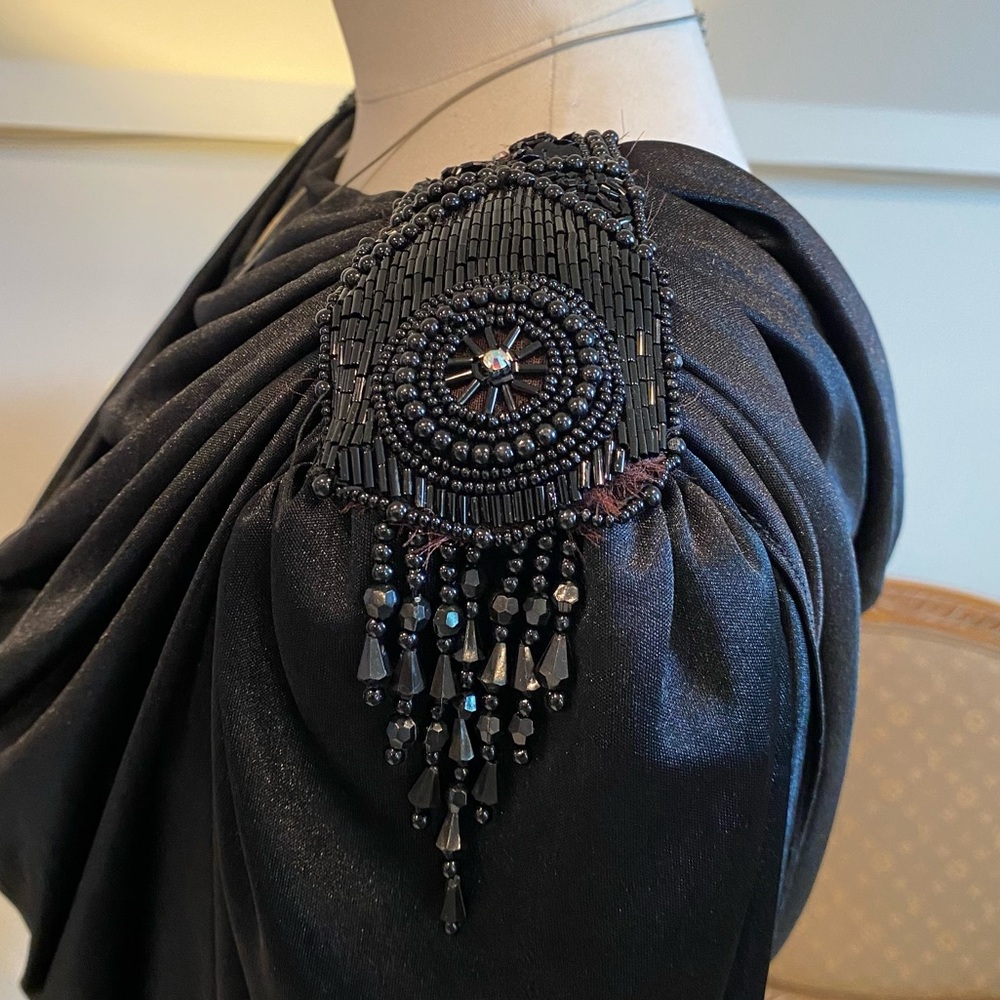 Vintage 80s Women's Elegant Black Draped Dress with Beaded Details by Abby Kent - Picture 3 of 11